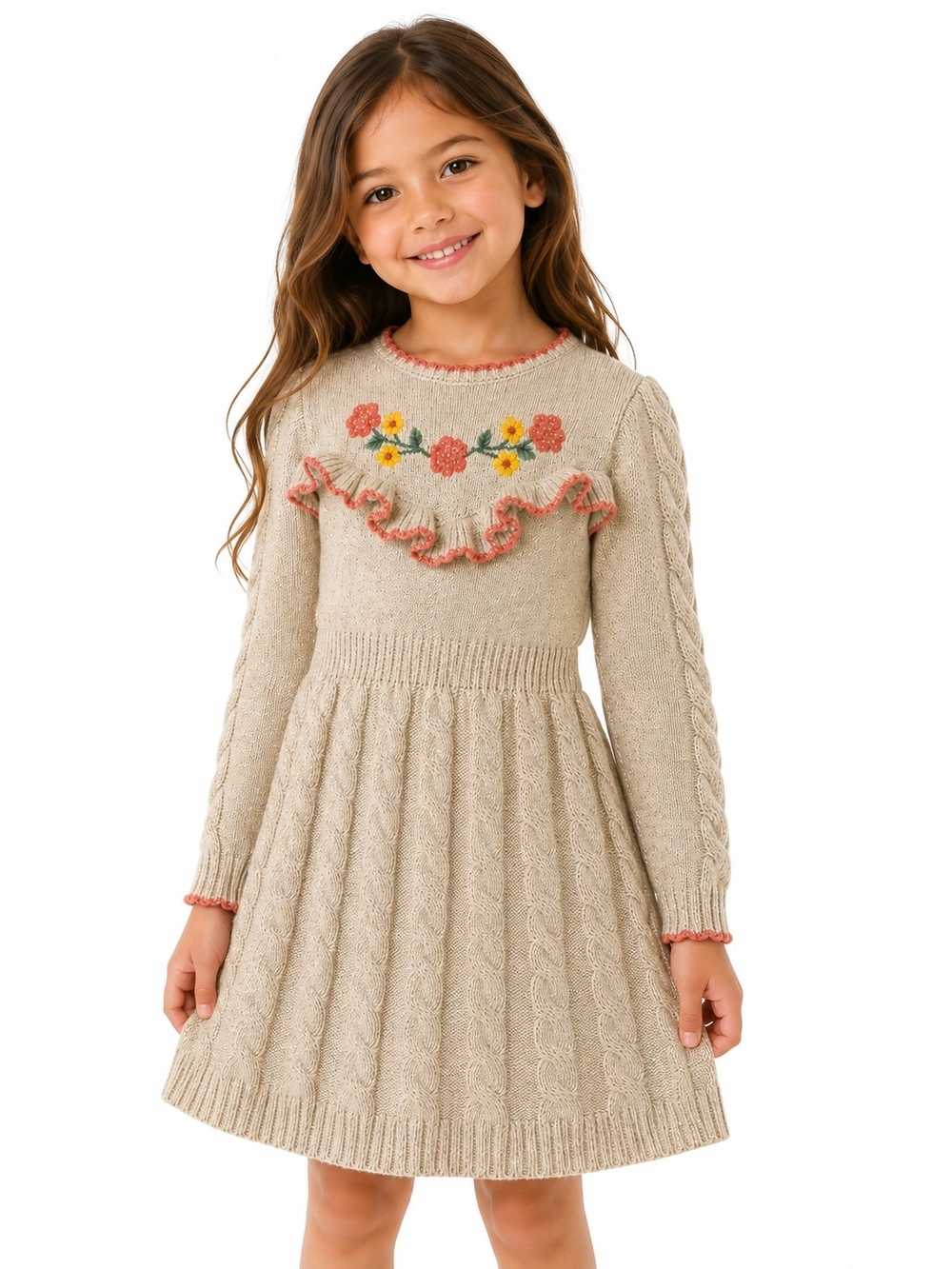 Little Lass Girls 6X Cable Knit Floral Sweater Dress Gold Thread Fall BTS